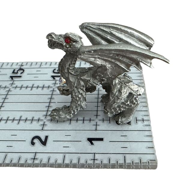 Vintage Pewter Dragon Figurine D167 Red Rhinestone Eyes Crystal Orb Fantasy - Picture 3 of 8